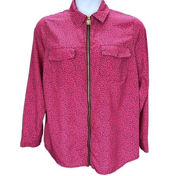 Michael Kors Pink Floral Print Zip Up Long Sleeve Flowy Blouse Size 1X - Picture 1 of 12
